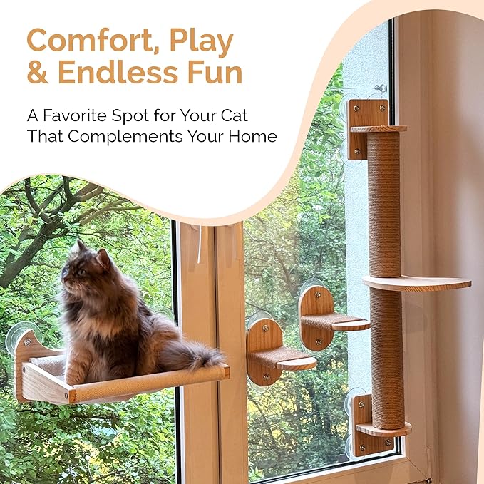 Window/Wall Mount Cat Wall Shelves by Pet Savvy – Cat Hammock (Oatmeal), Scratching Post with Landing, Two Steps – Natural Pine, Jute Rope, Sized for Cats up to 25lbs – 4 pc Set