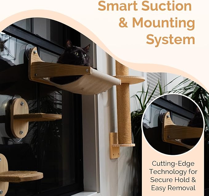 Window/Wall Mount Cat Wall Shelves by Pet Savvy – Cat Hammock (Oatmeal), Scratching Post with Landing, Two Steps – Natural Pine, Jute Rope, Sized for Cats up to 25lbs – 4 pc Set