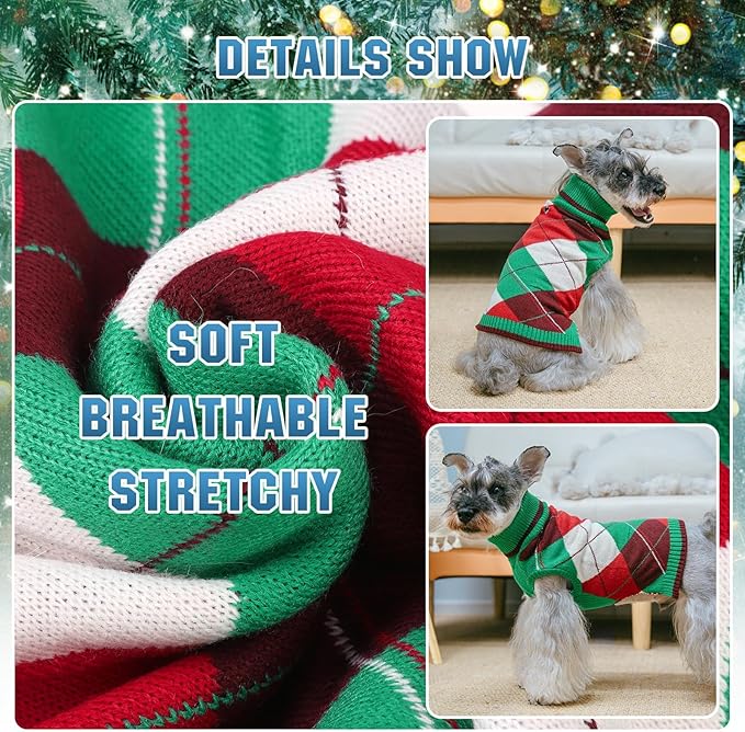 KOOLTAIL Dog Christmas Sweater Pet Knitted Clothes - Classic Plaid Pull Over Turtleneck Dog Sweaters with Leash Hole Warm Dogs Winter Clothing for Small Medium Dogs Cats Puppy (Green & Red SM)