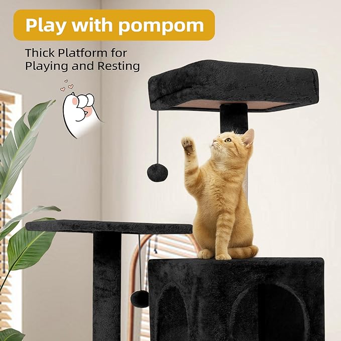 Cat Tree 54-Inch Cat Tower with Padded Plush Perch 2 Comfy Caves, Scratching Posts, Basket, 2 Pompoms, Multi-Level Plush Cat Condo for Indoor Cats Kittens, Black