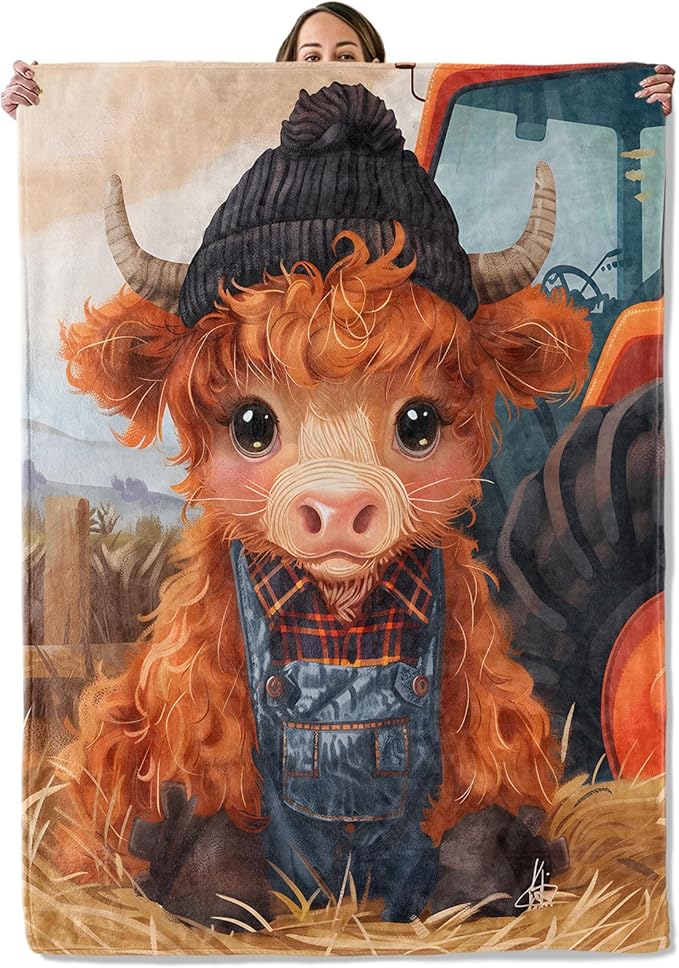 Highland Cow Gifts, Cow and Tractor Farm Blanket for Adults Women Kids, 50x60 in, Cozy Fuzzy Warm Soft Throw Blankets for Bedroom, Camping, Couch, Decor