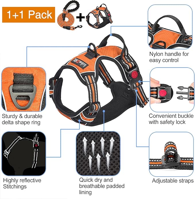 No Pull Dog Harness Adjustable Reflective Oxford Easy Control Medium Large Dog Harness with A Free Heavy Duty 5ft Dog Leash (L (Chest: 25.5"-31"), Orange Harness+Leash)