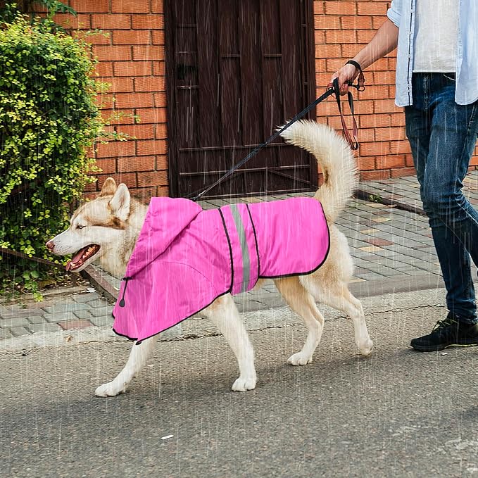 Waterproof Dog Raincoats - Hooded Raincoats for Dogs, Adjustable Reflective Dog Rain Coat, Windproof Dog Rain Jacket Pet Rain Slicker Poncho for Small, Medium, Large Dogs (Large, Pink)