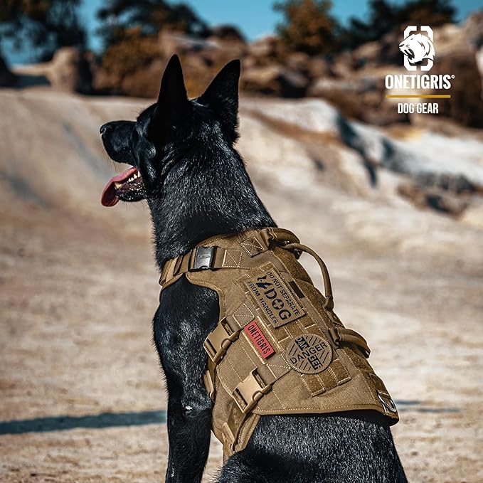OneTigris Large Tactical Dog Harness, No Pulling Adjustable Dog Vest Harness, Heavy Duty Dog Harness with Handle, Large Hook and Loop Panels for Patch(Brown,S)