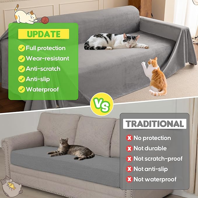 Loiion Cat Scratch Furniture Protector - Ultra Soft, Waterproof Sofa Cover to Keep Cats Off, Pet-Friendly Couch Protectors for Love Seat, Anti-Slip Couch Cover for Pets and Kids 150"X71" Grey