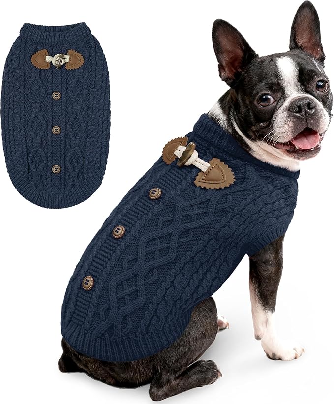 WOYYHO Dog Sweater for Small Dogs, Cable Knit Pullover with Cow Horn Button, Warm Round Neck Winter Knitted Clothes for Puppy Chihuahua Yorkie Dachshund, Navy Blue M