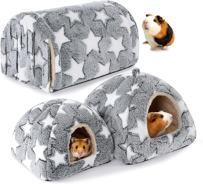 MABOZOO 3 Pack Guinea Pig House Accessories, Washable 2 Guinea Pig House and Hideout Tunnel with Curtains, Chinchilla Hideout for Hamster, Rabbit, Bunny, Chinchillas (Gray-Star)