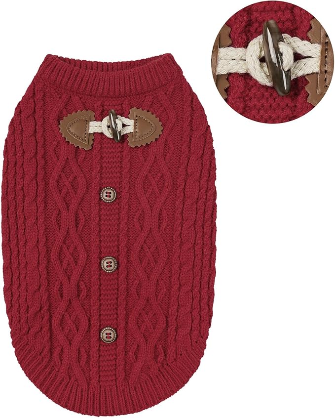WOYYHO Cozy Pullover Dog Sweaters for Small Dogs, Cable Knit with Cow Horn Buttons, Warm Round Neck Winter Clothes for Puppy Chihuahua Yorkie, Red M
