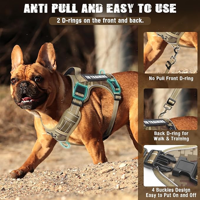 Tactical Dog Harness and Leash Set Small Sized Dog,Heavy Duty No Pull Service Dog Vest and 10 Patches with Dog Seat Belt,Reflective Adjustable Pet Harness for Training Walking Hiking Camo S