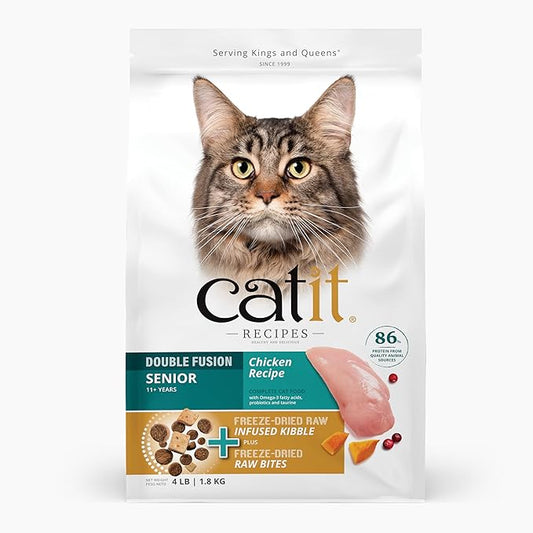 Catit Recipes Double Fusion Senior Chicken Recipe – High-Protein, Freeze-Dried Raw Meat, Nutrient-Dense for Healthy Senior Cats, Fresh Chicken, No Corn, Wheat, Soy, or by-Products, 4 lb