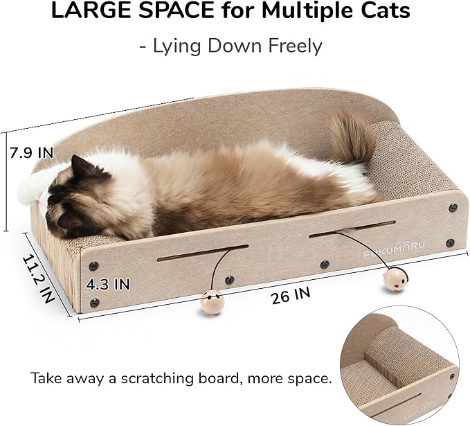 FUKUMARU 26 Inch Cat Scratcher Cardboard Lounge Bed, 2 Reversible Cat Scratch Pads Refill for Indoor Cats, Durable Cats Scratching Boards Extra Large Lounger Bed Sofa Couch with Ball Toy, Beige
