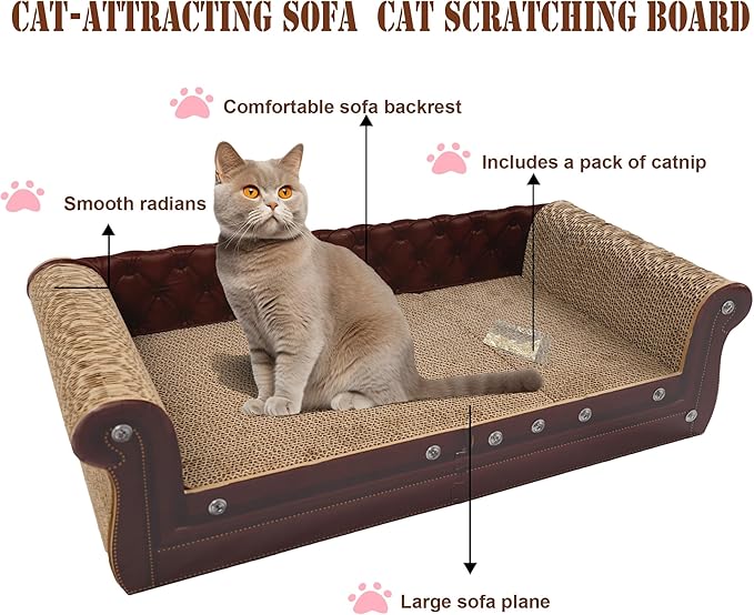 Scratching Sofa, Couch Shaped Thick Scratching Cardboard, Lounge Bed for Indoor Rest&Play, Sofa Scratcher Pad (Brown, 27.6" L X 12.2" W X 7.4" H)
