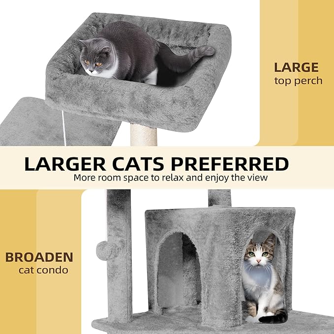 Cat Tree 54-Inch Cat Tower with Padded Plush Perch 2 Comfy Caves, Scratching Posts, Basket, 2 Pompoms, Multi-Level Plush Cat Condo for Indoor Cats Kittens, Gray