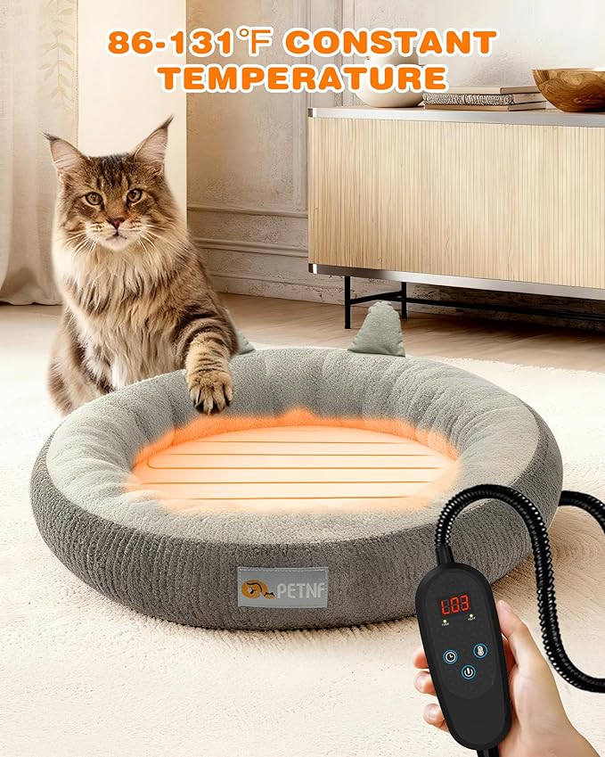 Heated Cat Bed Indoor Pets – Adjustable Temperature 86-131℉ Cat Heating Pad with Timer, Chew Resistant 87 Inch Cord, Washable Cover, Round Cozy Donut Pet Bed for Small Cats Kittens Dogs