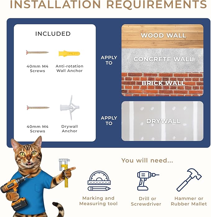 Space-Saving Cat Wall Shelves – Interactive Cat Wall Climber with Hammock & Dog Proof Feeding Station for All Indoor Breeds – Solid Walnut Wood with Beige Carpet