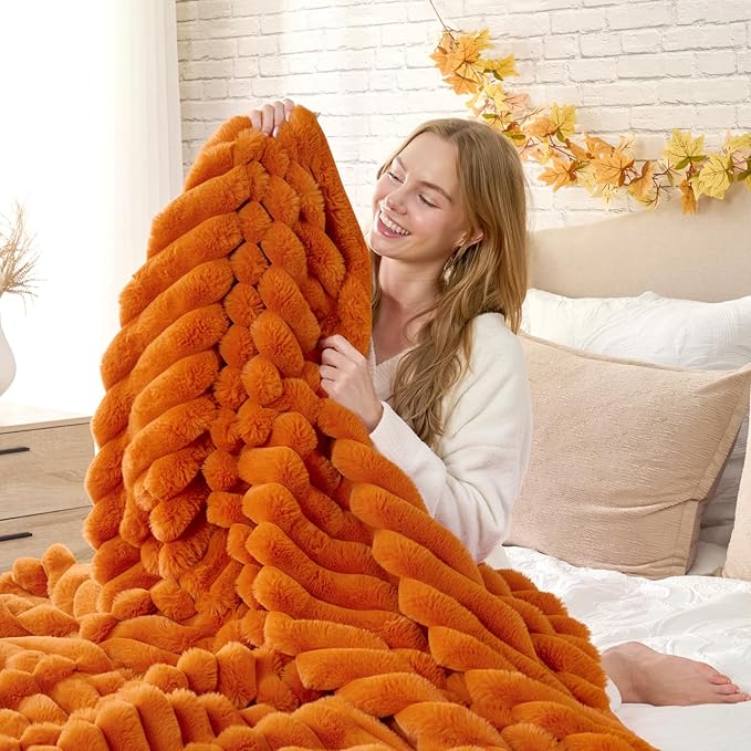 Cozy Bliss Faux Fur Throw Blanket for Couch, Cozy Warm Plush Striped Blanket for Sofa Bedroom Living Room, 50 * 60 Inches Burnt Orange