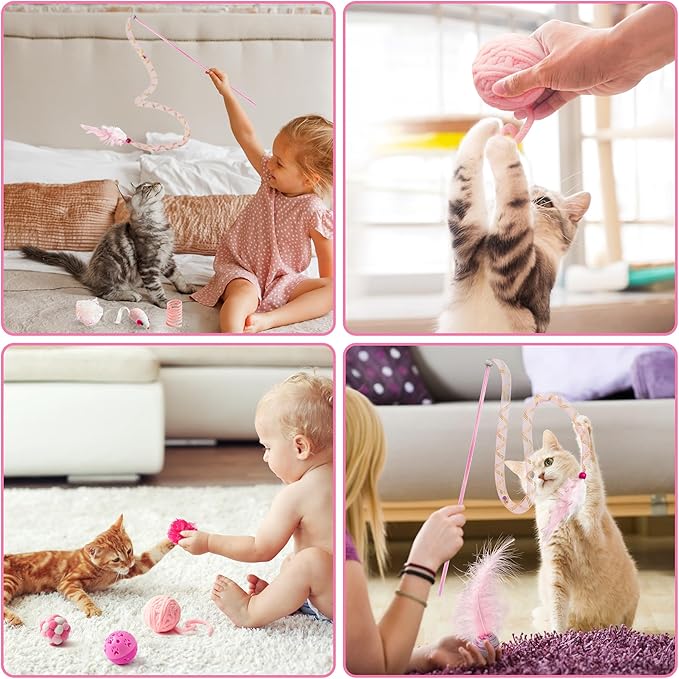 MALLMALL6 10Pcs Cat Toy Set Interactive Cat Toys Pack Including Feather Teaser Wand Cat Springs Mice Crinkle Balls and Pet Bell Balls, Puzzle Toys for Indoor Cats Gift (Pink)