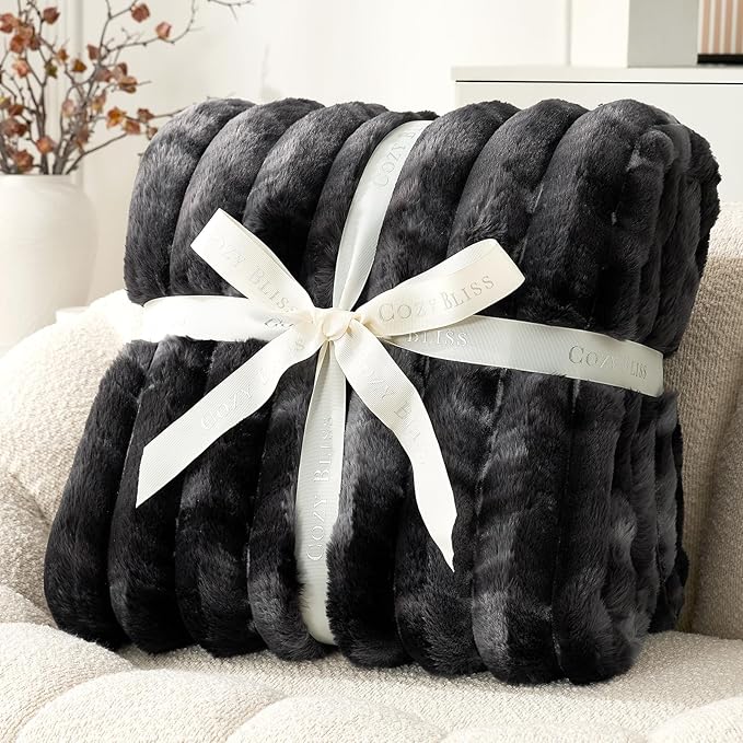 Cozy Bliss Faux Fur Throw Blanket for Couch, Cozy Warm Plush Striped Blanket for Sofa Bedroom Living Room, 60 * 80 Inches Tie-dye Black