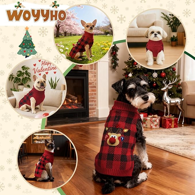 WOYYHO Dog Sweater for Small Dogs, Reindeer & Red Buffalo Plaid Knit Sleeveless Turtleneck | Warm Winter Puppy Clothes with Leash Hole for Chihuahua, Yorkie, Dachshund L