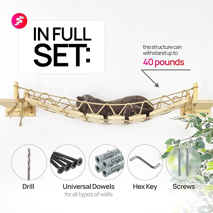 Wall-Mounted Roped Bridge, Shelves and Perches for Wall, Cloud Shelf Board, Cat Hammock, Cat Climber, Length 46 inches (Brown)