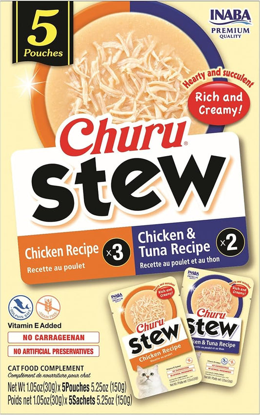 INABA Churu Stew for Cats, Broth Gelée with Shredded Chicken Side Dish with Vitamin E, 1 Ounce per Pouch, 5 Pouches Total, Chicken & Tuna Variety Pack