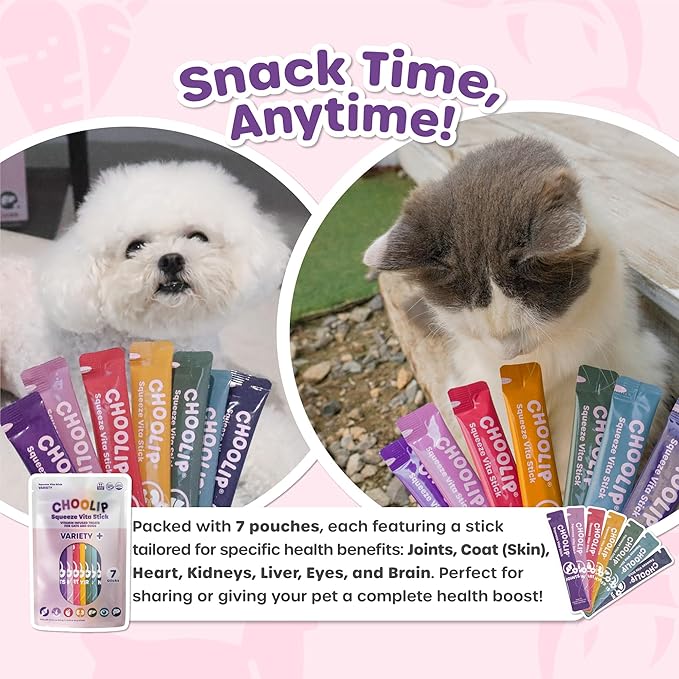 Choolip 2-Pack | Squeeze Vita Stick Lickable Treats for Dogs & Cats. 7 Variety Support Sticks with Essential multivitamins. Soft and Tasty Paste for All Life Stages