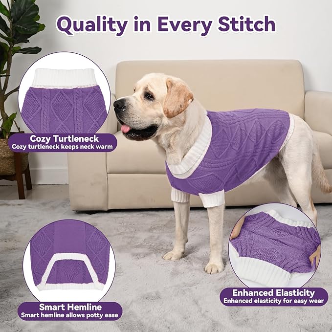 Dog Sweater for Large Dogs Argyle Cable Knit Turtleneck Pullover Winter Clothes Boys Girls Stretch Golden Retriever Labrador Bulldog Pitbull Doberman Pet (XXL, Purple)