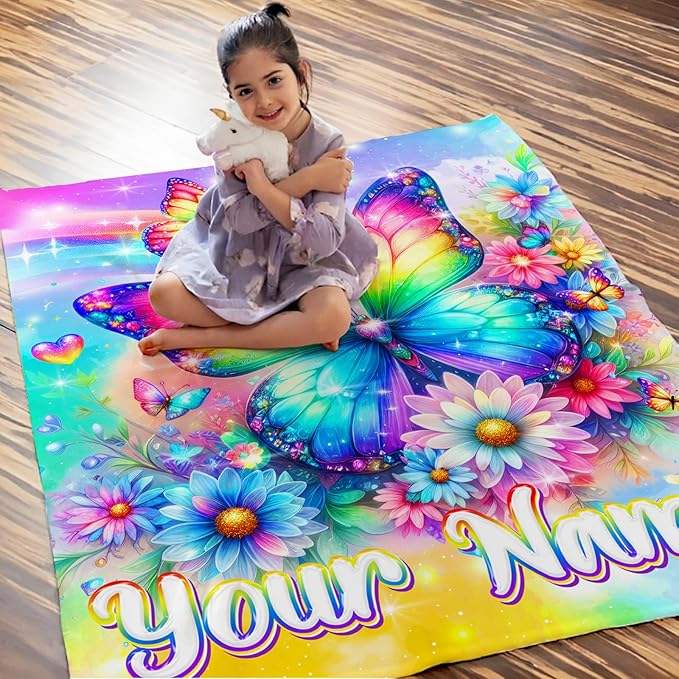 Butterfly Blanket for Girls Personalized Throw for Kids Toddler, 30x40 Inches Lightweight Soft Aesthetics Butterfly with Custom Name for Sofa Couch Bed Travel Daughter Gift
