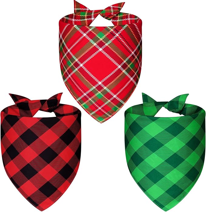Christmas Dog Bandanas Plaid XLarge 3PCS, 6 Pattern Holiday Scarf for Boy and Girl, Triangle Reversible Bibs Breed for Puppy Pets