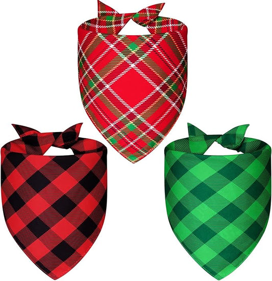 Christmas Dog Bandanas Plaid XLarge 3PCS, 6 Pattern Holiday Scarf for Boy and Girl, Triangle Reversible Bibs Breed for Puppy Pets