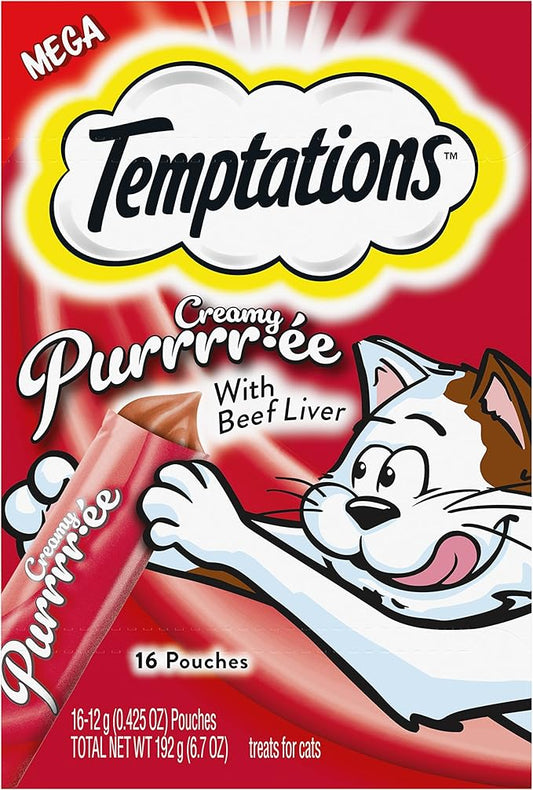 Temptations Creamy Puree Squeezable Lickable Wet Cat Treats with Beef Liver, 0.42 oz. Tubes, 16 Count
