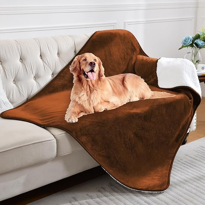 Waterproof Blanket for Bed Couch Sofa, Soft Liquid Pee Proof Pet Blanket for Dog Puppy Cat, Reversible Sherpa Fleece Furniture Protector (Caramel, 50x60 inches)