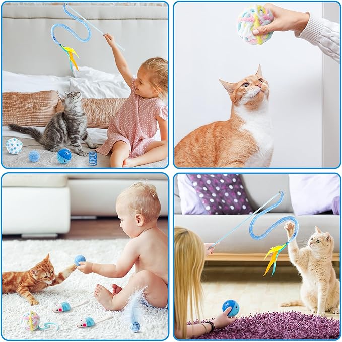 MALLMALL6 10Pcs Cat Toy Set Including Cat Springs Feather Teaser Wand Mice Crinkle Balls and Pet Bell Balls, Puzzle Interactive Pet Gift Pack Toys for Indoor Kitten (Blue)