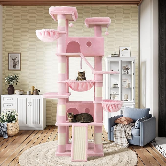 SHA CERLIN 81in Multi-Level Tall Cat Tree Tower for Indoor Kitties/Larger Cat Condo Furniture with Hammock/Cozy Pussycat Perches/Sisal Scratching Posts/Pet House/Wide Base/Pink