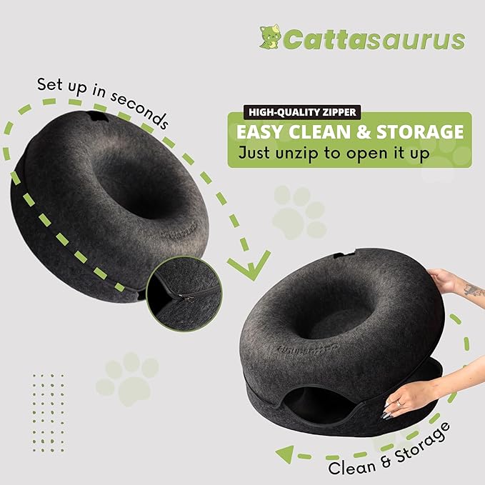 CATTASAURUS Peekaboo Cat Cave for Multiple & Large Cats Up to 30-45 Lbs, Scratch Detachable & Washable Tunnel Bed, Comfy Donut Cat Cave (Light Gray + Dark Gray, Large)