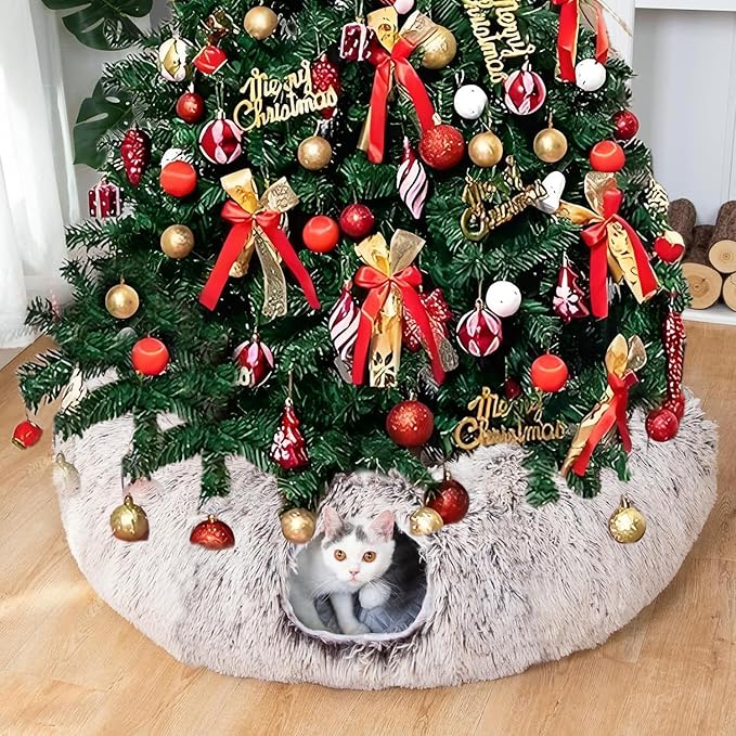LUCKITTY Warm Fluffy Plush Cat Tunnel Bed Under Christmas Tree Big Tube Playground Toys 3 FT Diameter Longer Crinkle Collapsible 3 Way, for Indoor Cat Kitty Kitten Puppy Rabbit Ferret Brown