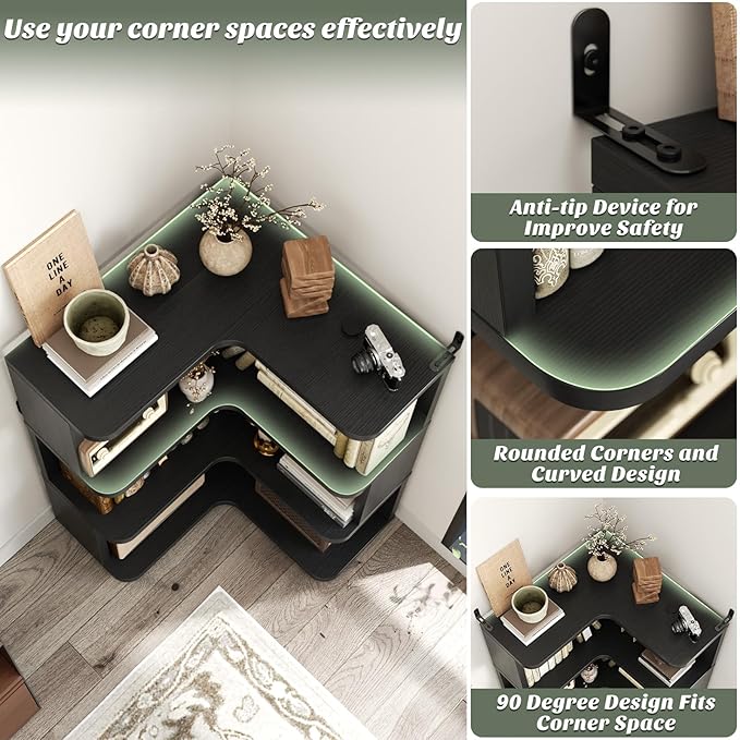 Armocity Corner Book Shelf - 4 Tier Corner Bookshelf Etagere Bookcase with Baffle, Freestanding L Shaped Display Shelf Stand for Home Office, Living Room, Bedroom, Kitchen, Black