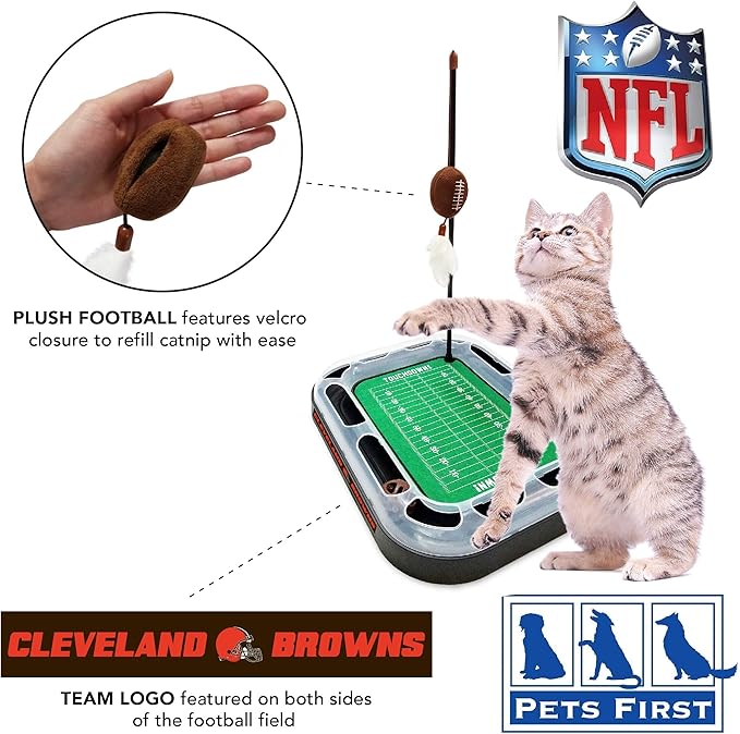Pets First Cat Toy NFL CLEVELAND BROWNS FOOTBALL FIELD CAT SCRATCHER TOY with CATNIP Filled Plush FOOTBALL Toy & Feather Cat Toy hanging, with Jingle Bell INTERACTIVE BALL Cat Chasing 5-in-1 KITTY Toy