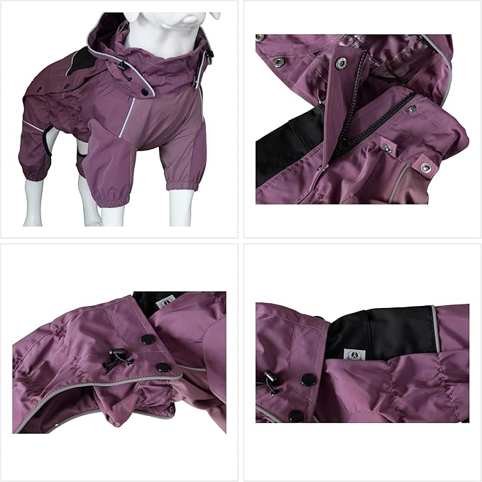 LOVELONGLONG Waterproof Dog Raincoat with Removable Hood – Outdoor Full Body Dog Jacket, Windproof Snowproof Shell Suit – All Season Pet Rain Gear Plum Purple XL