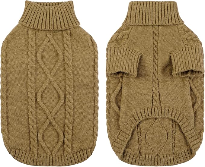 Queenmore Small Dog Pullover Sweater, Cold Weather Cable Knitwear, Classic Turtleneck Thick Warm Clothes for Chihuahua, Bulldog, Dachshund, Pug (Light Brown, X-Small)