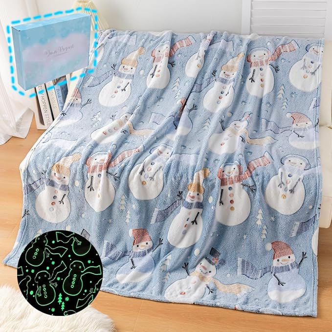 Christmas Snowman Blanket Gift, Glow in The Dark Blanket, Cozy Soft Fleece Blanket for Holiday Décor, Children Boys Girls Teens Holiday Theme Blanket, 50"*60", Kids Blanket, Sky Blue
