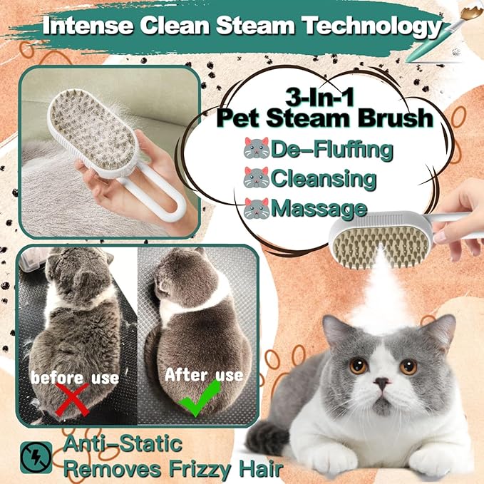 SteamCat 3 in 1 Cordless Cat Grooming Brush, Built-in Lithium Battery, Silicone Massaging, Removes Static & Pet Hair, for Cats & Dogs (White)