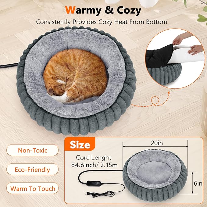 INVENHO Heated Cat Beds for Indoor Cats and Small Dogs, 20" Cozy Donut Heated Pet Bed with Timer & Temp Adjustable, Removable Waterproof Electric Warming Bed for Indoor Cat