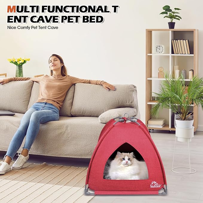 Winsterch Cat Bed Cave for Indoor Cats,Pet Tent Cave for Cats Small Dogs Kitten Bed with Removable Washable Cushion (18.5'' x 18.5'' x 15.8'', W-Red)
