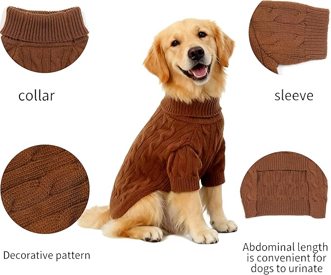 Medium/Large Dog Sweater, Warm Dog Winter Coat w/Sleeves, Comfortable High Neck Premium Dog Clothes for Golden Retriever-Best for Holidays, Daily Walks XXL Brown