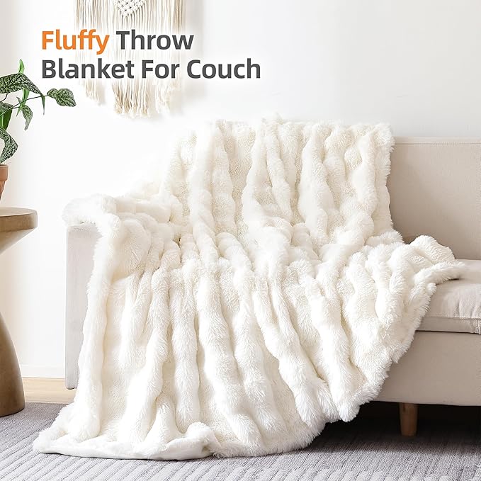 Smoofy Faux Fur Throw Blanket for Couch – Cream White Fluffy Cozy Rabbit Fleece, Plush Soft Bubble Blanket for Sofa & Bed, for Mom, Warm Fuzzy Home Room Decor Throw 50" x 60"