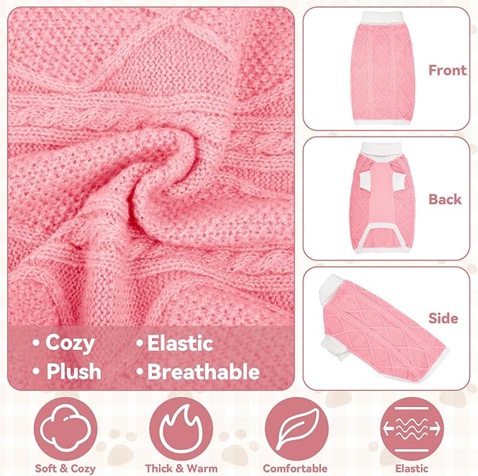 Dog Sweater for Large Dogs Argyle Cable Knit Turtleneck Pullover Winter Clothes Boys Girls Stretch Golden Retriever Labrador Bulldog Pitbull Doberman Pet (XXL, Pink)