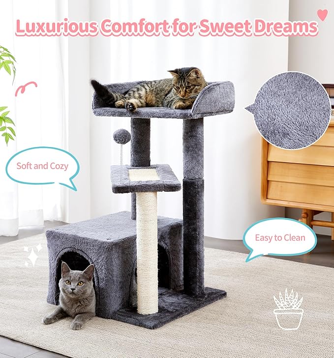Made4Pets Cat Tree, Multi-Level Small Cat Tower for Indoor Cats, 29" Tall Cute Kitten Scratcher Condo with Sisal Scratching Post and Pad Steps, Plush Cat Cave with Pom-Pom for Small Kitty, Dark Grey