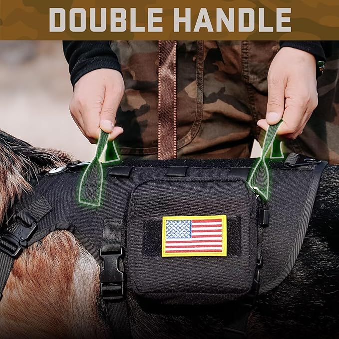 Forestpaw Tactical Dog Harness for Large Dogs,Tactical Dog Collar with Bungee Leash Set,No Pull Military Dog Harness for Walking Training,Adjustable for Medium Large Dogs,Black,Chest 15.5-25.5"