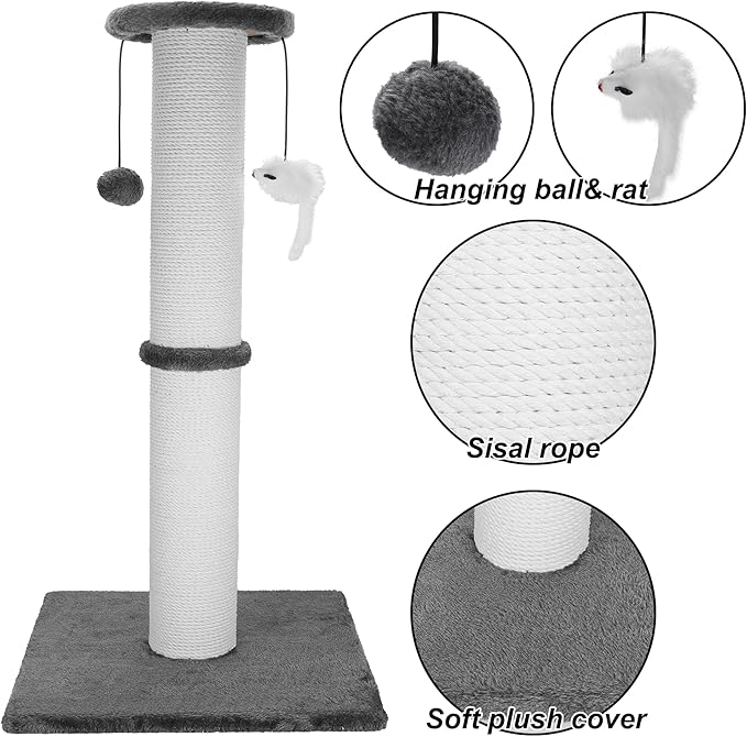 Cat Scratching Post 34 Inches Heavy Duty and Thicker Cat Scratching Post Sisal Rope with Hanging Ball and Mice Scratching Post for Indoor Cats and Adult(Grey)